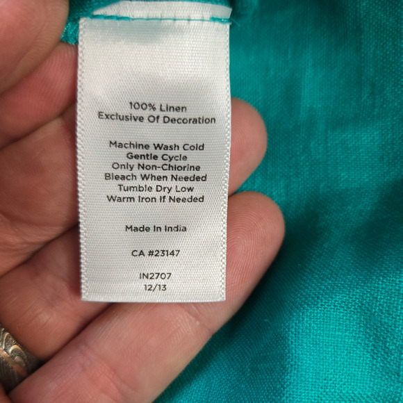 Talbots Teal Green Beaded Embroidered V Neck 3/4 Sleeve Linen Blouse Size Large - Picture 6 of 7